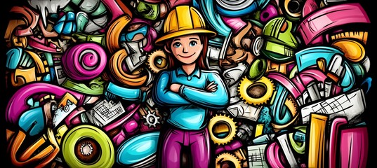 Obraz premium Confident female engineer amidst colorful tools and gears.