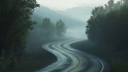 Winding road through misty mountain landscape.