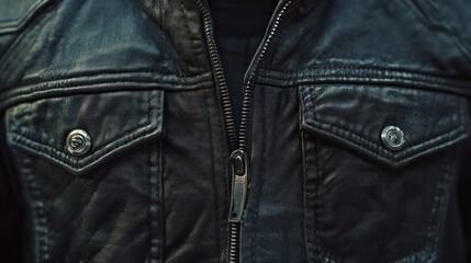 Close-up dark leather jacket, zipper open, outdoors, blurred background, fashion