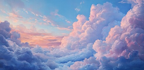 Dreamlike sunset cloudscape with pastel pink and blue hues.
