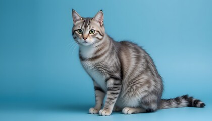 Studio shot of a gray and white striped cat sitting on blue background