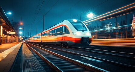 Fototapeta premium Modern high-speed train arriving at night station platform.