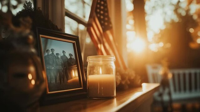 An Intimate Still Life Featuring a Framed Vintage Photo of Soldiers, an Illuminated Candle, and a Backdrop of Soft Warm Light with an American Flag