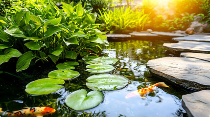 serene koi pond surrounded by lush greenery and stepping stones, reflecting sunlight