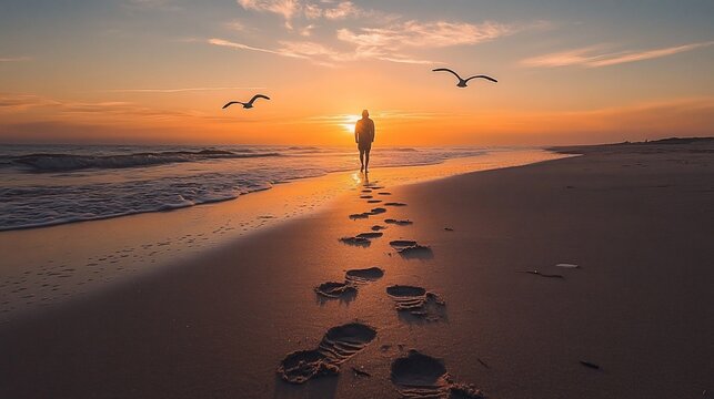 Solitary figure walking on a beach at sunset, leaving footprints in the sand, with seagulls flying overhead.