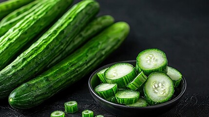   A cucumber-filled bowl sits beside a pile of diced cucumbers on a black background