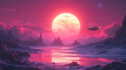 Alien craft sunset flight, pink planet, mountains, clouds, fantasy art