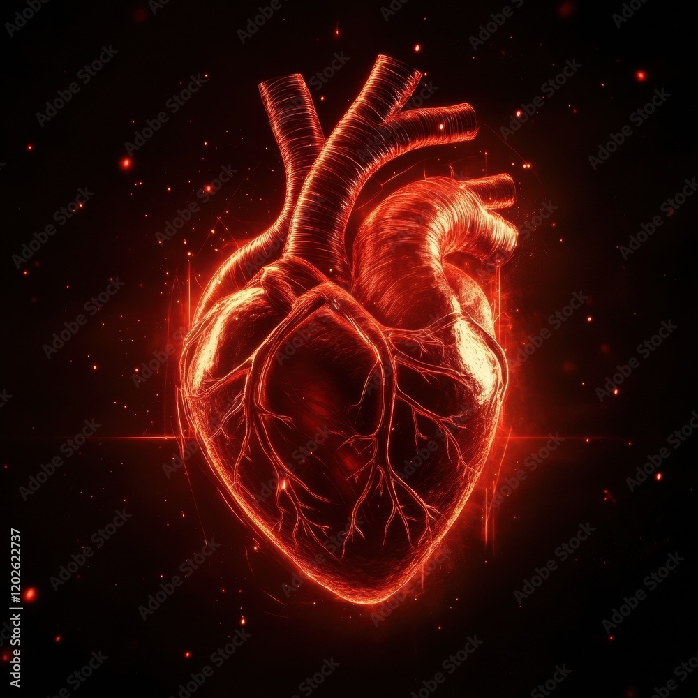Poster heart illustration with glowing veins and arteries in vibrant red against a dark background. generat
