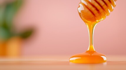 Honey dripping from a honey dipper, close-up, smooth golden texture, fresh, sweet, natural, with soft background.
