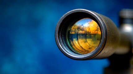 Rifle Scope Lens Reflecting Autumnal Landscape