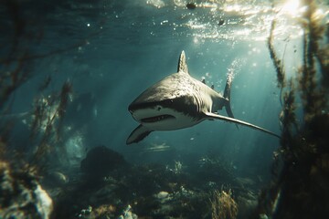 Underwater shot of a shark swimming near seaweed.