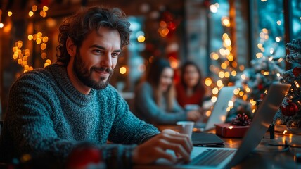 Smiling man working on a laptop in a festive holiday setting, with Christmas lights and decorations in the background.