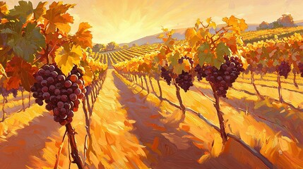   A stunning painting depicts a cluster of grapes dangling on a vine against the backdrop of a serene vineyard as the sun sets