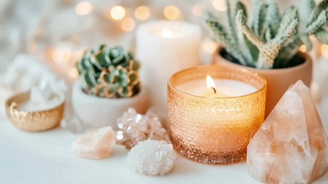 Relaxing Home Decor Scene with Candles, Crystals, Succulent Plants, and Elegant Natural Texture Perfect for Cozy Ambiance and Wellness Impressions