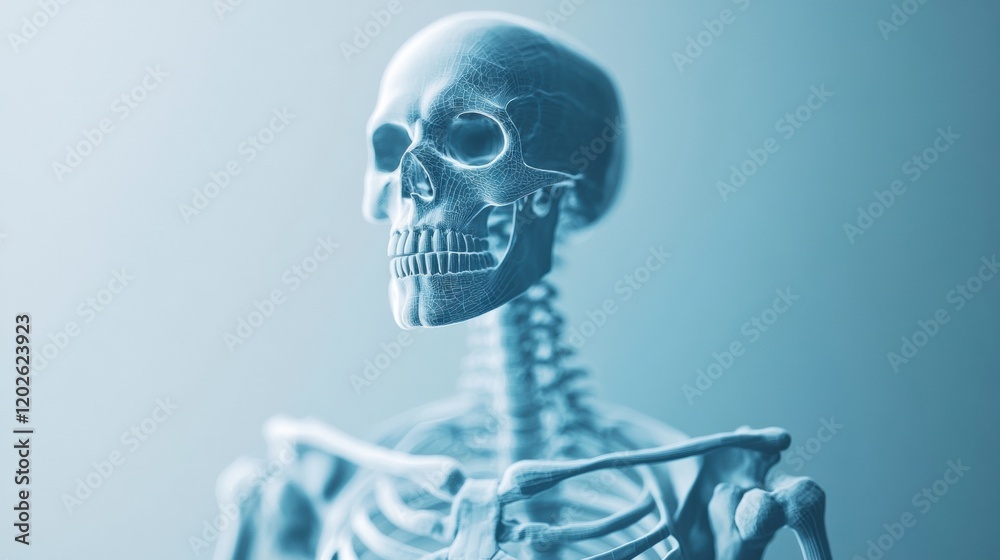 Fototapete skeleton model displayed against a soft blue background for educational purposes in a science classr