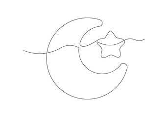Continuous single line sketch drawing of moon crescent and star ramadhan kareem ied mubarak islamic symbol one line art vector illustration