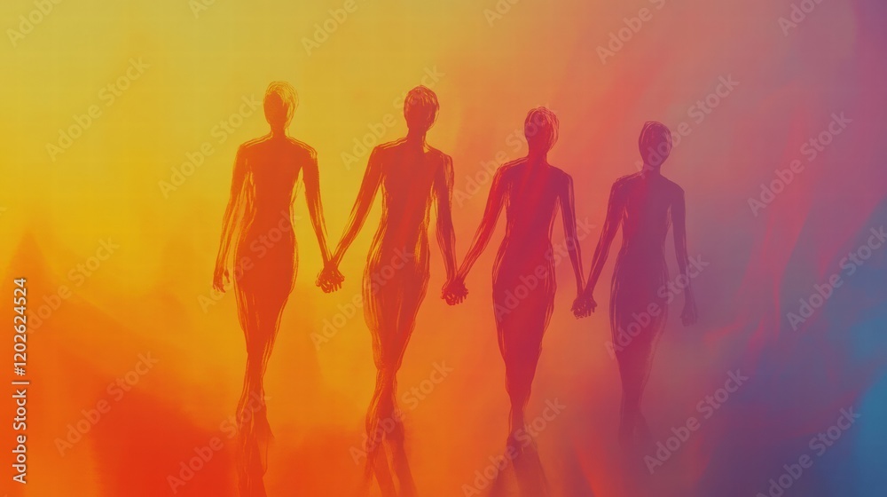 Aufkleber silhouettes of four people holding hands against a colorful and abstract background depicting unity 