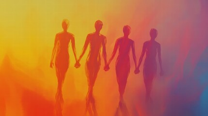 Silhouettes of four people holding hands against a colorful and abstract background depicting unity and connection. Generative AI