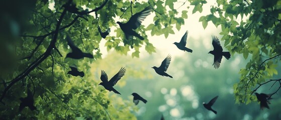 Birds in flight dance across a lush green canopy, their movement embodying freedom and the vibrant pulse of nature.