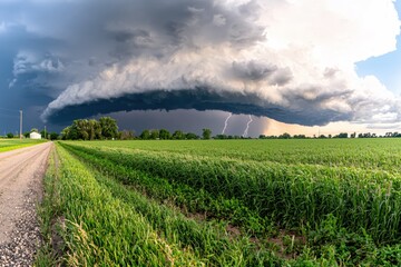 Dramatic Storm Clouds over Green Field Landscape Lightning Strikes Rural Road