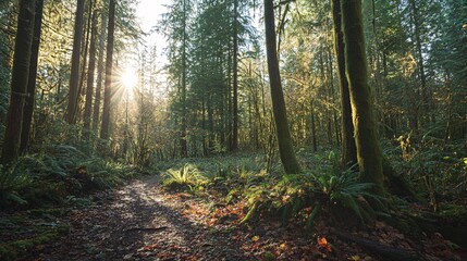 Obraz premium Sunbeams Through Majestic Trees in a Dense, Lush Forest