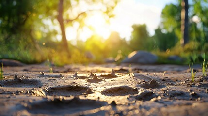 Fototapeta premium Golden Hour Mud Track Footprints in a Lush Forest Setting