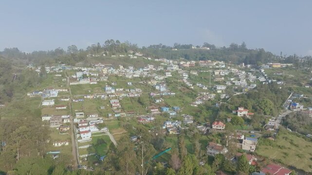 Aerial view of Kodaikanal town at sunrise, India
