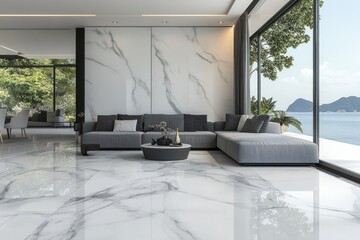 Modern living room with marble floors and ocean view. © Alokya
