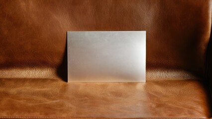 Fototapeta premium Sleek blank brushed metal card mockup highlighted on soft leather.