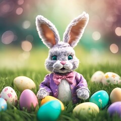 a easter bunny wearing clothes in the grass with easter eggs