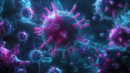 Pathogen network interconnected with neon bio-hacking symbols, pathogens, futuristic biosecurity