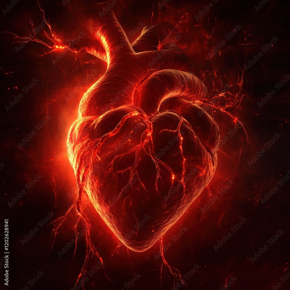 Poster vibrant red heart surrounded by glowing energy on a dark background. generative ai