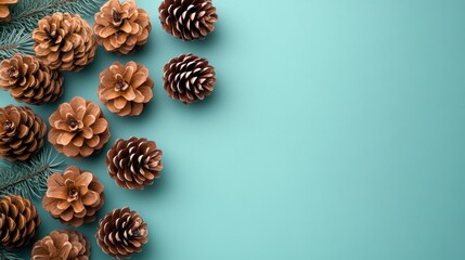 A serene arrangement of pinecones on a teal background, evoking a natural, festive atmosphere.