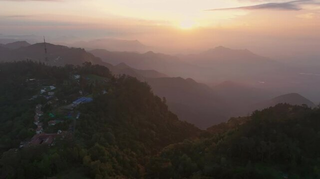 Aerial view of Kodaikanal town at sunrise, India