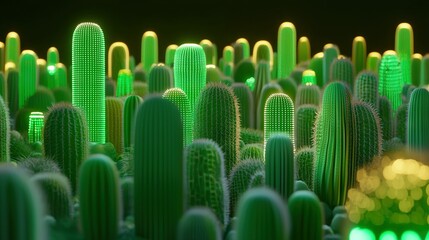 Obraz premium Large group of green cactus plants in field of green cacti with yellow lights