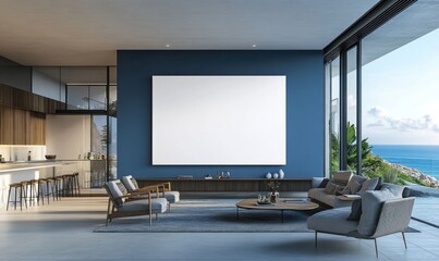 Fototapeta premium Modern living room with ocean view, large blank canvas. (1)