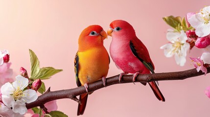 Fototapeta premium Two Lovebirds Perched on a Branch with Blossoms Spring Romance Pastel Pink Background