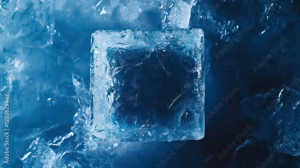 Poster clear ice cube on a bed of crushed ice.