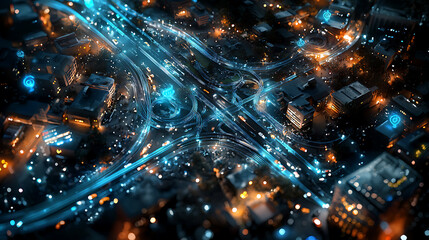 Naklejka premium Aerial view of city at night with illuminated roads and traffic patterns