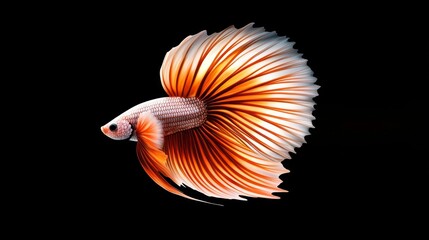 Obraz premium Isolated orange and white betta fish with flowing fins, centered on a rich black backdrop, ideal for minimalist aquatic concepts