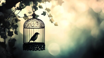 A serene bird perched in an enchanting cage, surrounded by soft, ethereal light and gentle greenery.