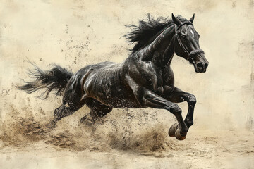 a powerful black horse in motion, captured at the moment of a rapid gallop. 