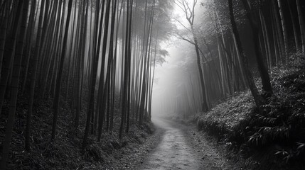 Misty path through a bamboo forest in monochrome.