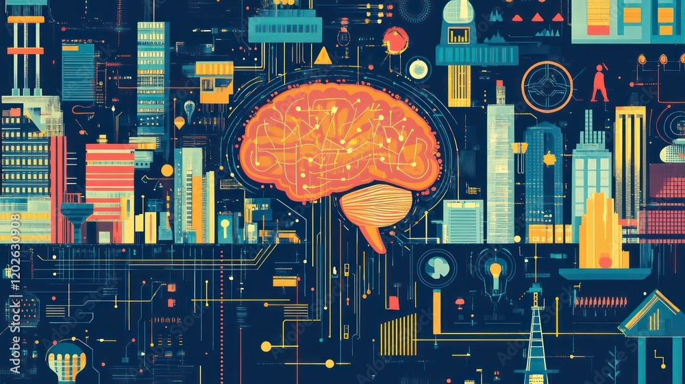 Leinwandbilder abstract illustration of a brain within a complex cityscape, symbolizing technological advancement a