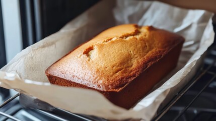 Golden-brown loaf cake freshly baked in an oven, resting on parchment paper inside a baking pan.