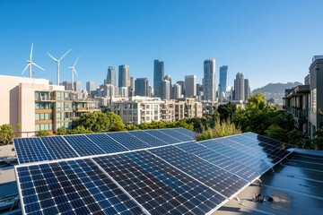 Modern City Skyline Solar Panels Wind Turbines Sustainable Energy
