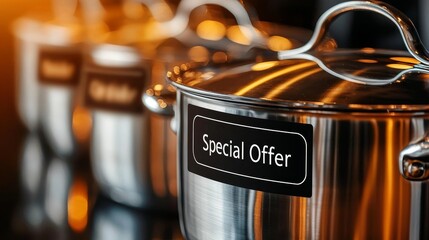 Pots, pans, and cookware with Special Offer labels, organized display