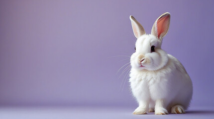 Obraz premium Adorable fluffy white rabbit sitting against a soft purple backdrop. Perfect for Easter, pet, or animal themed projects.