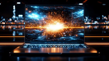 Powerful laptop in workspace with sleek design, ample ad space for specs, modern and minimalist, professional tech launch style