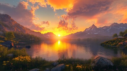 Golden Sunset Over Serene Lake Surrounded by Majestic Mountains